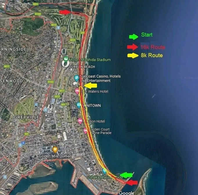 Map showing start and routes for 18k and 8k races along a coastline.